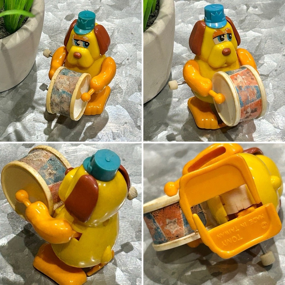 Vintage Tomy Marching Band Drummer Dog (X2)‎ Wind Up Toys *NOT WORKING, As-Is*